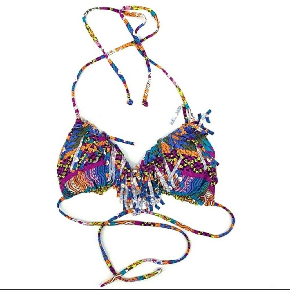 3/20 Billabong String Tie Bikini Fringe Patchwork
